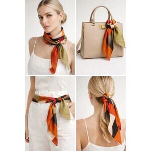 Echo Silk-Feel Geometric Scarf 31x31 Colorblock Square Red Olive Black Neutral